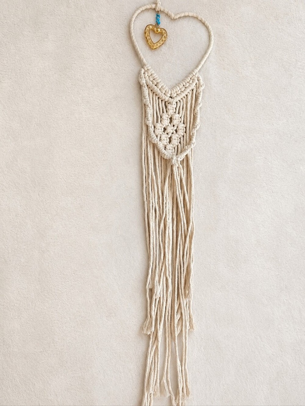 Boho Chic Cream Crystal Heart Macrame Wall Hanging Dreamcatcher Decor Sz 35" L